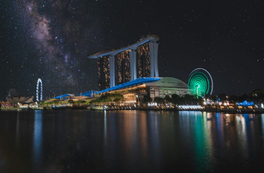 pexels-photo-1029188-1029188 Stunning night view of Marina Bay Sands with starry sky and reflections in Singapore.